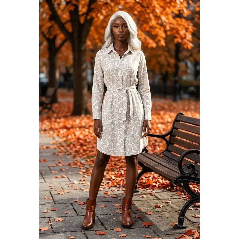 🔹️MG Silk Collection Cream & Tan 100% Silk Buttoned Shirt Dress Small